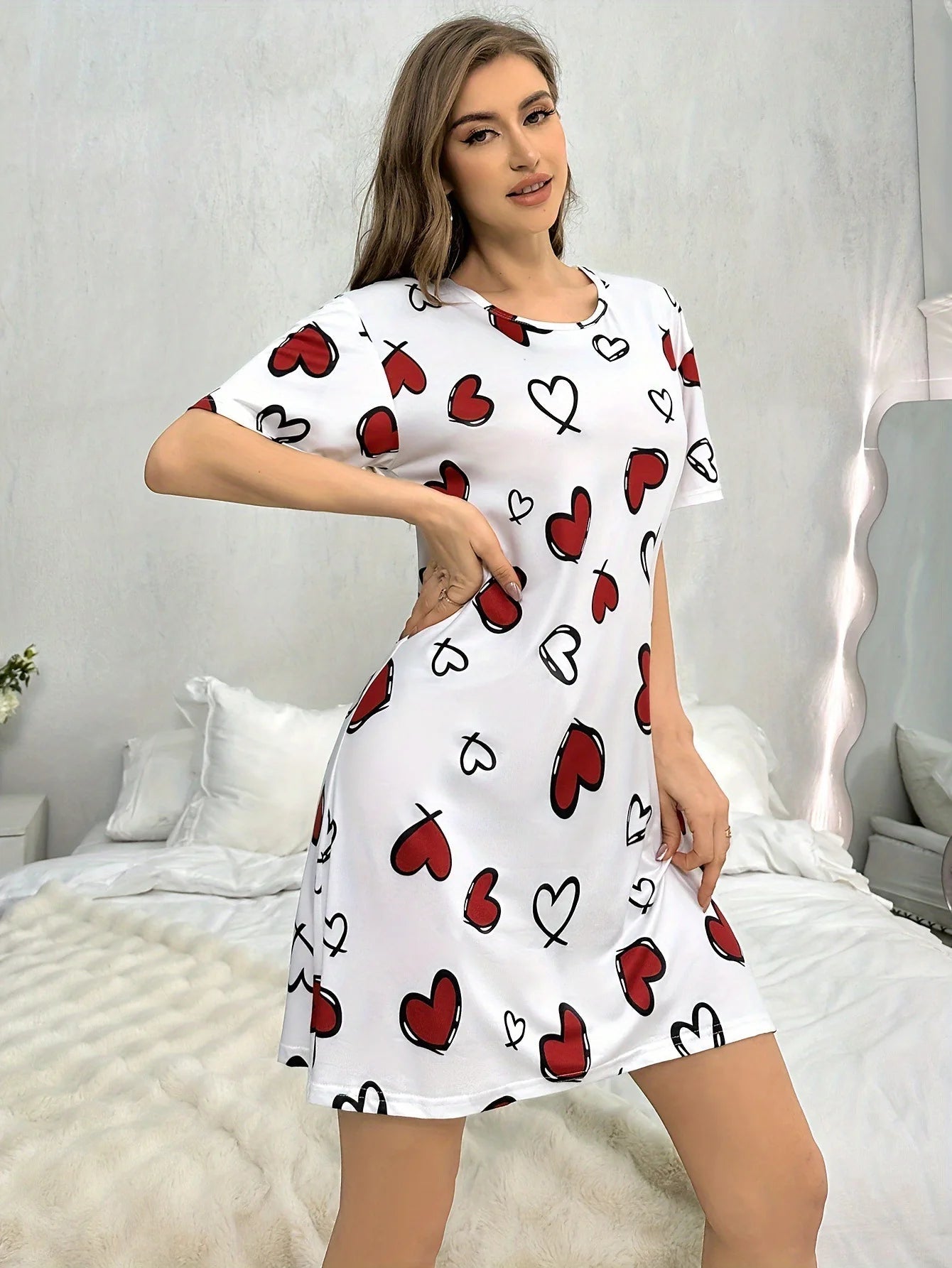 Casual Comfortable Women's Summer Nightdress Short Sleeve Homewear Cartoon Heart Wave Pattern Knee Length Knitted - Zeprah