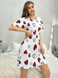 Casual Comfortable Women's Summer Nightdress Short Sleeve Homewear Cartoon Heart Wave Pattern Knee Length Knitted - Zeprah