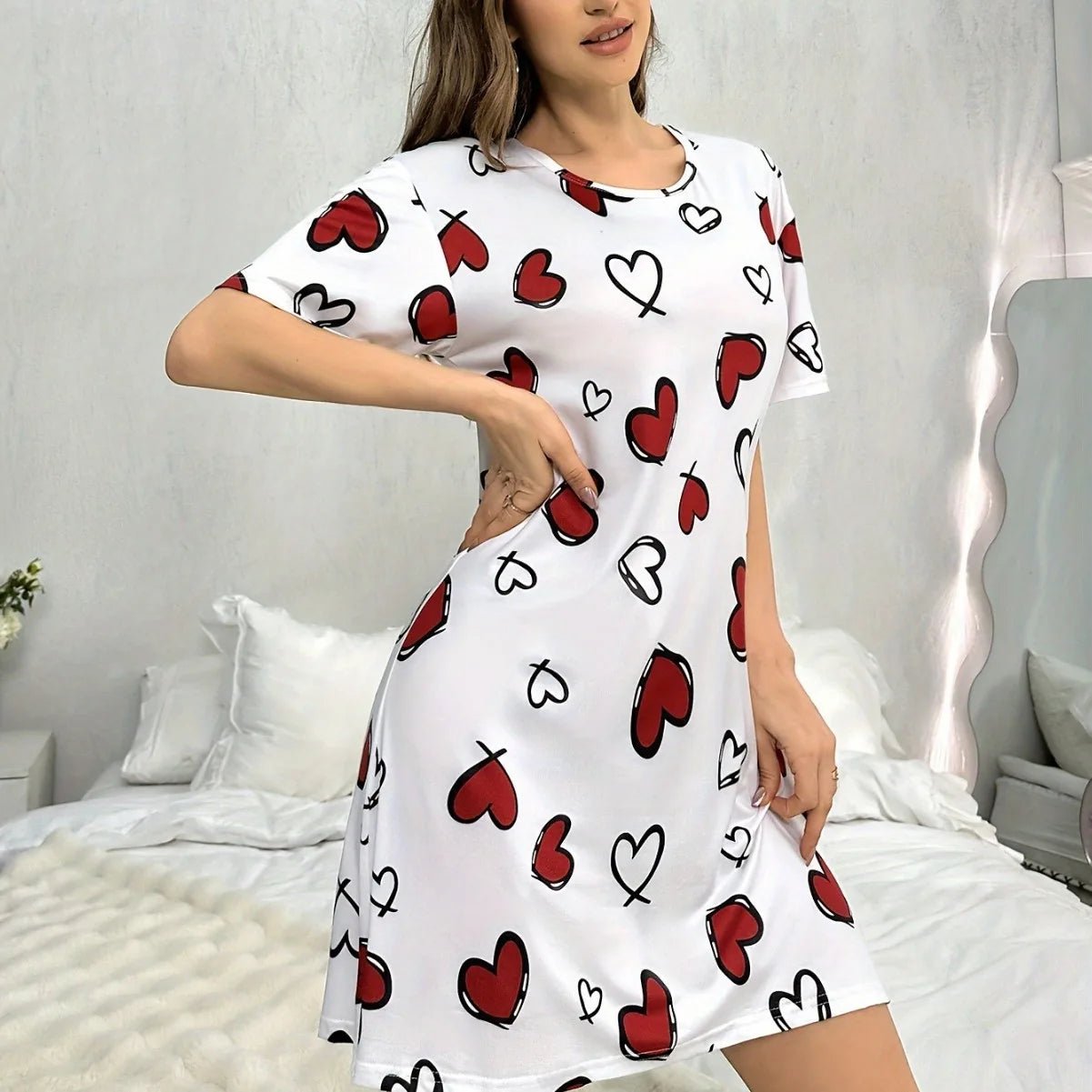 Casual Comfortable Women's Summer Nightdress Short Sleeve Homewear Cartoon Heart Wave Pattern Knee Length Knitted - Zeprah