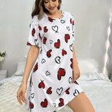 Casual Comfortable Women's Summer Nightdress Short Sleeve Homewear Cartoon Heart Wave Pattern Knee Length Knitted - Zeprah