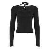 Casual Knitted Eco - Friendly Women Bow Collar Long Sleeve Slim Fitted Shirt Tie Front Tee - Zeprah