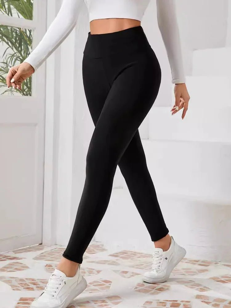 Casual Stretchy Long Length High Waist Warm Plush Lining Leggings - Zeprah