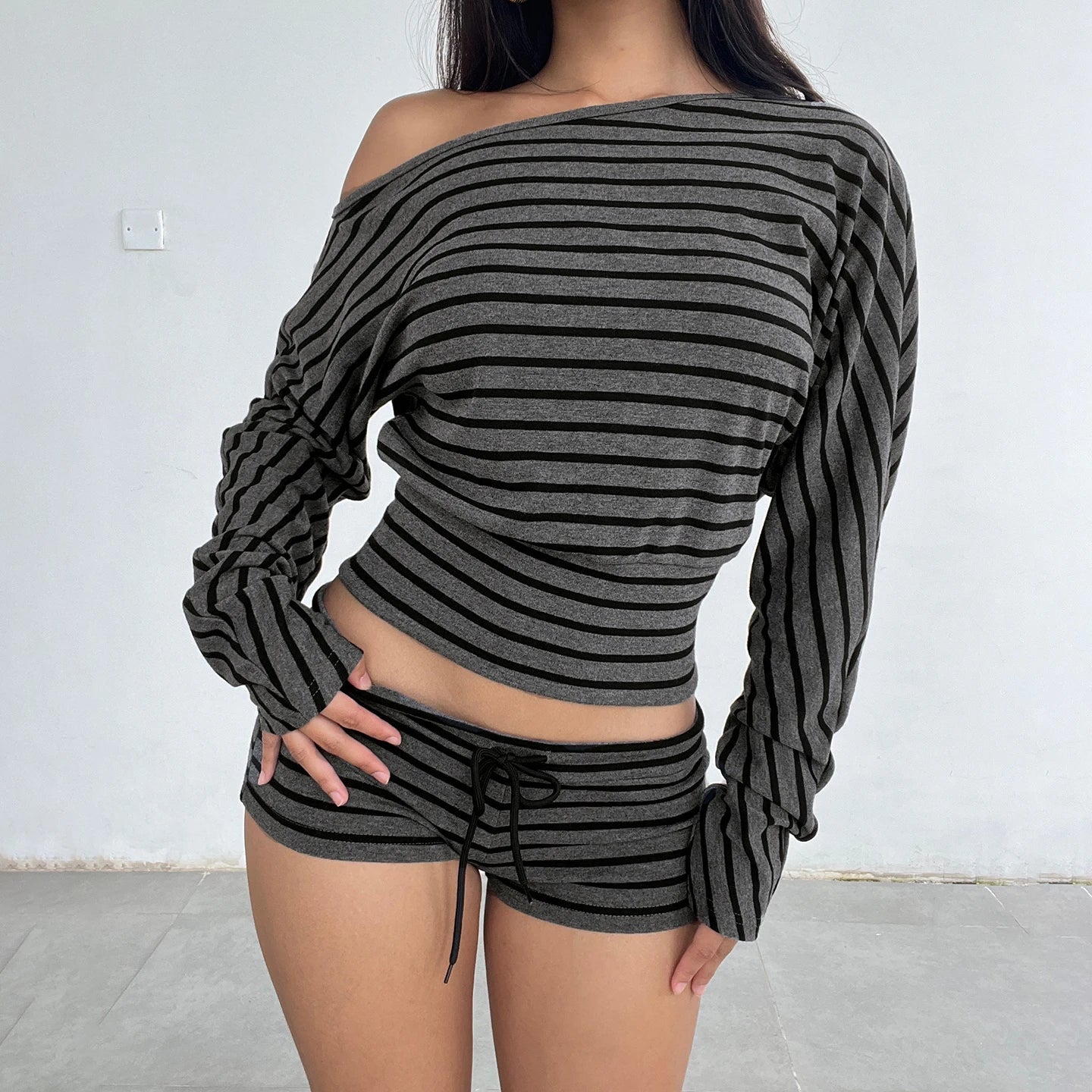 Casual Striped Long Top & Vintage Jogger Shorts Set - Women's Loose Fit Polyester 2 - Piece Sportswear - Zeprah