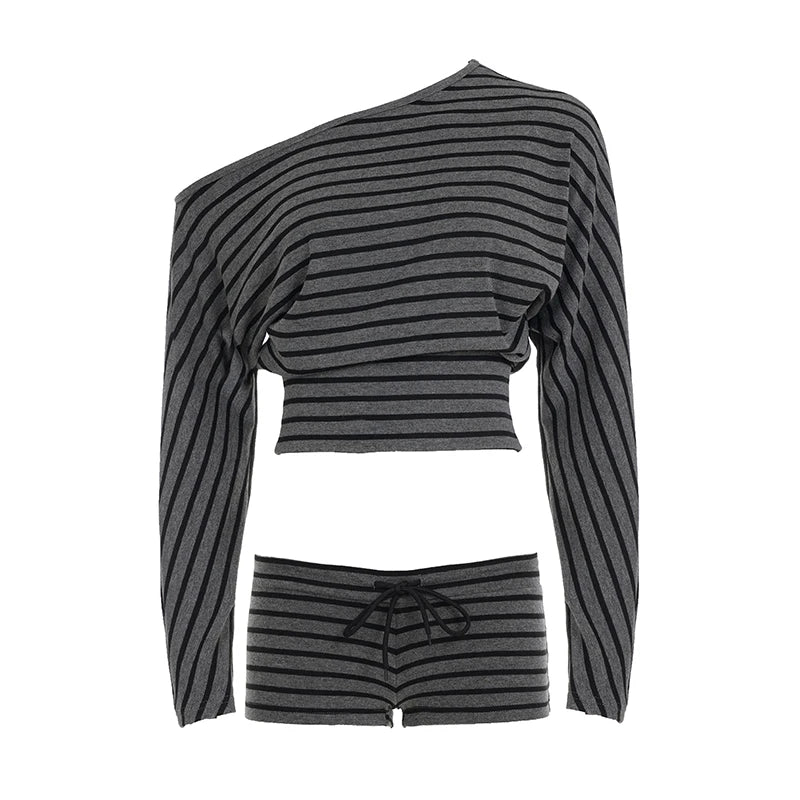 Casual Striped Long Top & Vintage Jogger Shorts Set - Women's Loose Fit Polyester 2 - Piece Sportswear - Zeprah