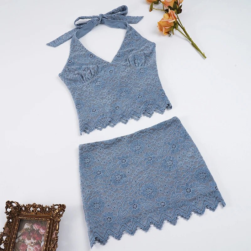 Casual Two - Piece Skinny Bodycon Short Crop Top Mini Skirt Halter V - Neck Lace Tie Detail Stretch Breathable Solid Color - Zeprah