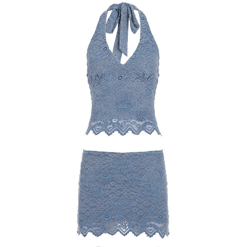 Casual Two - Piece Skinny Bodycon Short Crop Top Mini Skirt Halter V - Neck Lace Tie Detail Stretch Breathable Solid Color - Zeprah