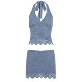 Casual Two - Piece Skinny Bodycon Short Crop Top Mini Skirt Halter V - Neck Lace Tie Detail Stretch Breathable Solid Color - Zeprah