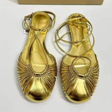 Elegant Metallic Gold Strappy Flat Sandals Round Toe Ankle Wrap Casual Summer Flat Shoes for Women