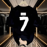 Men COTTON Back Large Number 7 Print Crew Neck Loose Short Sleeve Basic Tee Shirt