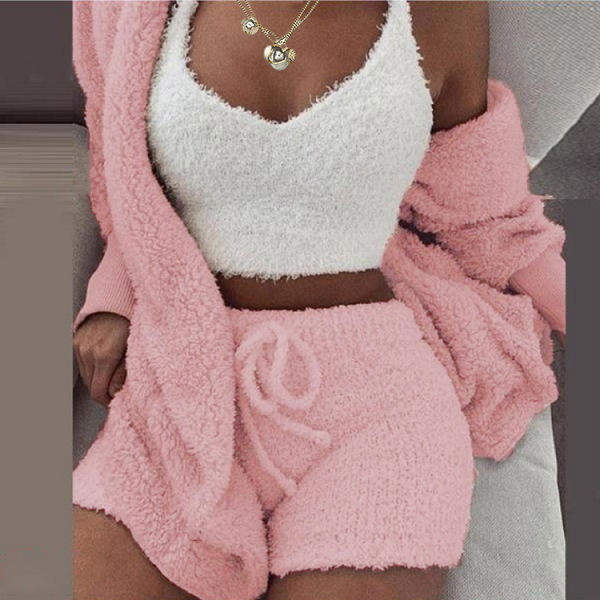Women Clothes Fuzzy Suit 3 Piece Sleepwear Set Winter Cozy Loungewear Sets Furry Pajamas for Women Set