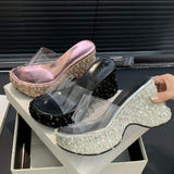 Women's Transparent Wedge Platform Sandals with Glass Clear Thick Sole
