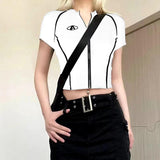 Stand Collar Graphic Tee Zipper Tops for Women Embroidery Short-Sleeved Tee
