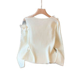 2026 New Arrival Women's Asymmetrical Off-Shoulder Knit Top with Tulle Ruffle Trim & Sheer Mesh Panel for Sweet Daily Wear