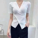 New Arrival Women's Wrap V-Neck Knit Short Sleeve Top with Ribbed Texture & Asymmetrical Hem
