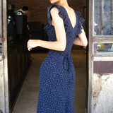 Women Navy Blue Polka Dot Dress Square Neck Ruffle Cap Sleeve Backless Tie Waist Slim Chiffon Long Dress Vintage Summer Sundress
