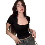 Cheap Slim-fit Trendy Short-sleeved T-shirt Women's 2025 Summer New French Square Collar Short Top