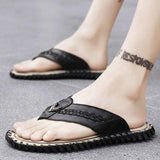 Top Grade Quality Handmade Sewing Hard Wearing Full Grain Genuine Leather Men Flip Flop Shoes