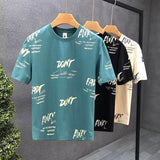 Men All Over Letter Print T Shirt Crew Neck Loose Casual Streetwear Short Sleeve Tops
