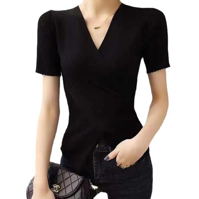 New Arrival Women's Wrap V-Neck Knit Short Sleeve Top with Ribbed Texture & Asymmetrical Hem