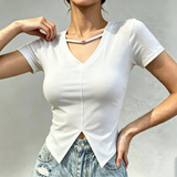 Women Shoulder-Fit Short Sleeve T-Shirt Summer Plus Size Unique Hollow Out V-Neck Blouse Irregular Slit Cropped Trendy Top
