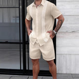 New Men's Lace Trim Spliced Hollow Out Lapel Short Sleeve Shirt & Shorts 2 Piece Set Suitable for Beach Outings