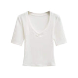 Women Lapel V Neck 3/4 Sleeve Cropped Top Slim Fit Stretch Solid Color Basic Casual Tee Shirt