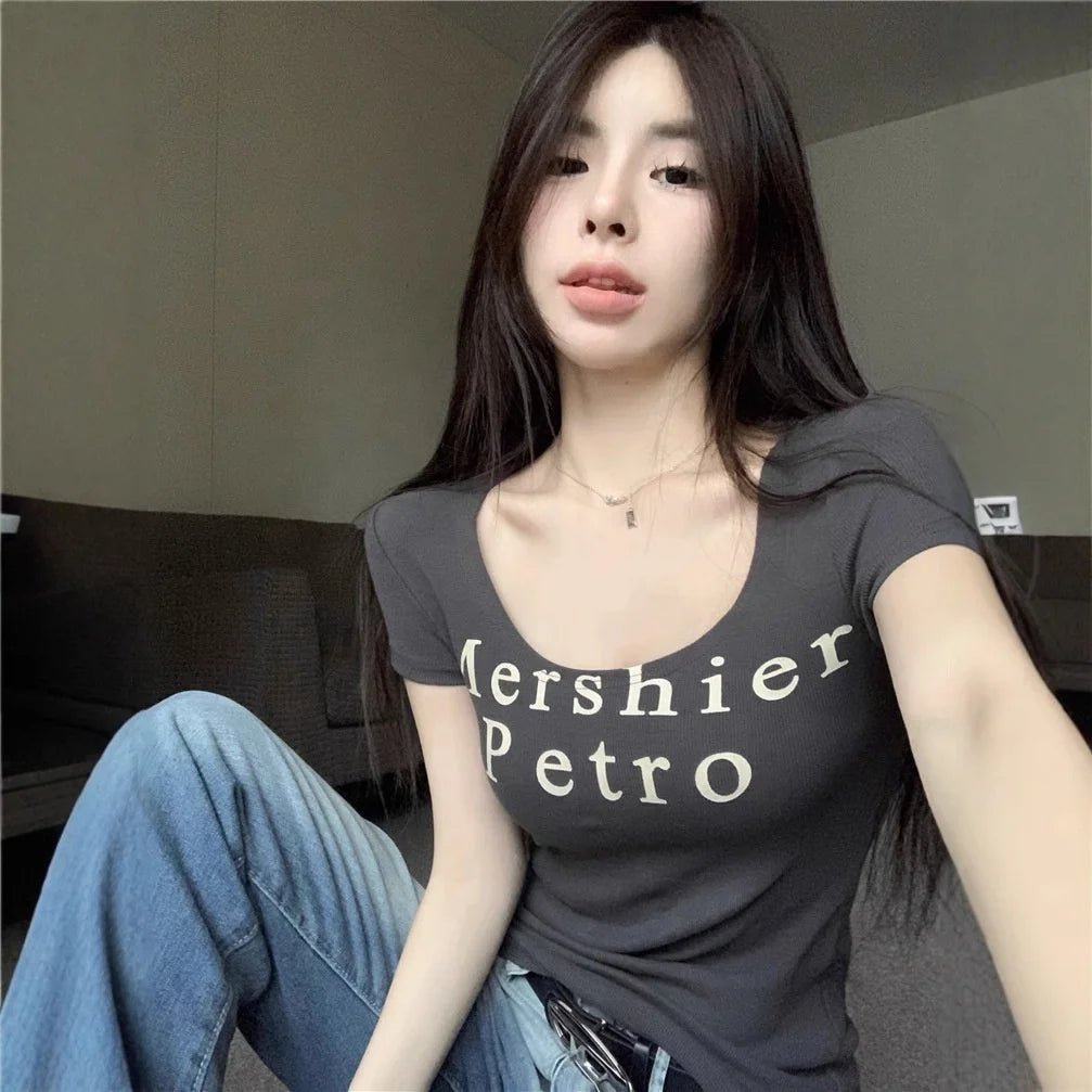 Cheap Retro Hot Girl Letter Printing U - neck Short - sleeved T-shirt Women's 2025 Summer New Design Pure Desire Style Top - Zeprah