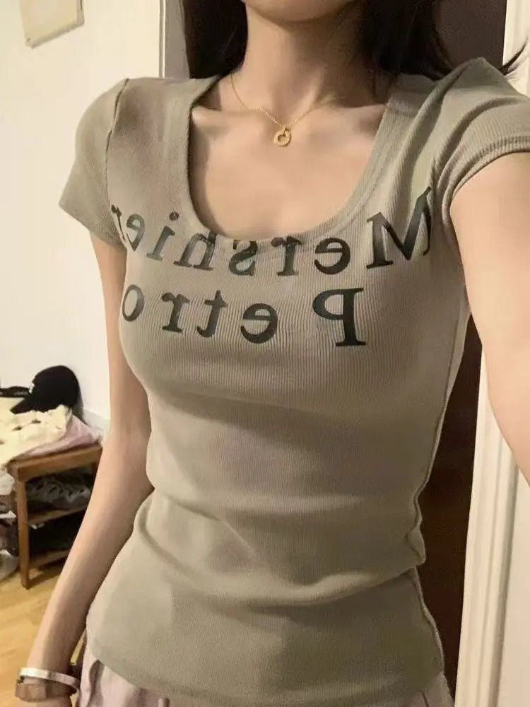 Cheap Retro Hot Girl Letter Printing U - neck Short - sleeved T-shirt Women's 2025 Summer New Design Pure Desire Style Top - Zeprah