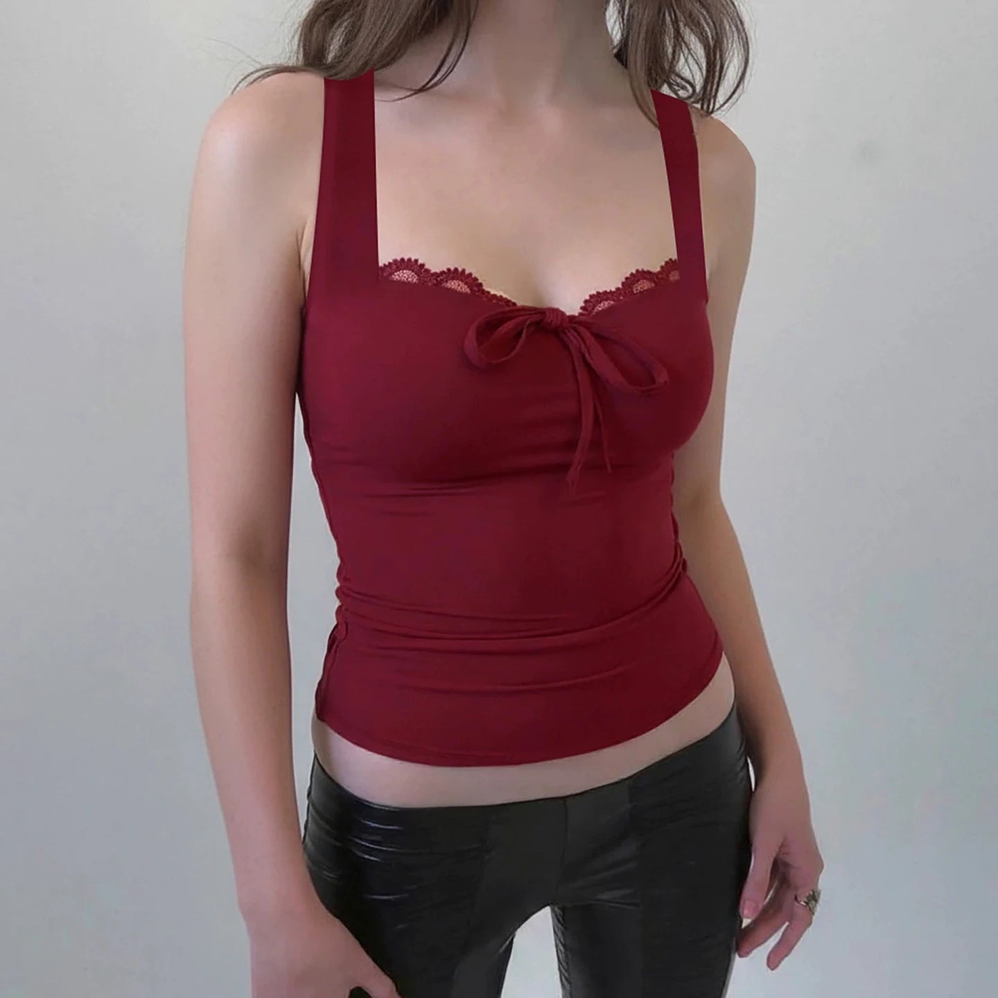 Cheap Women's Sleeveless Top Patchwork Square Neck Lace - Up Backless Cami Comfortable Fitted Casual Knitted - Zeprah