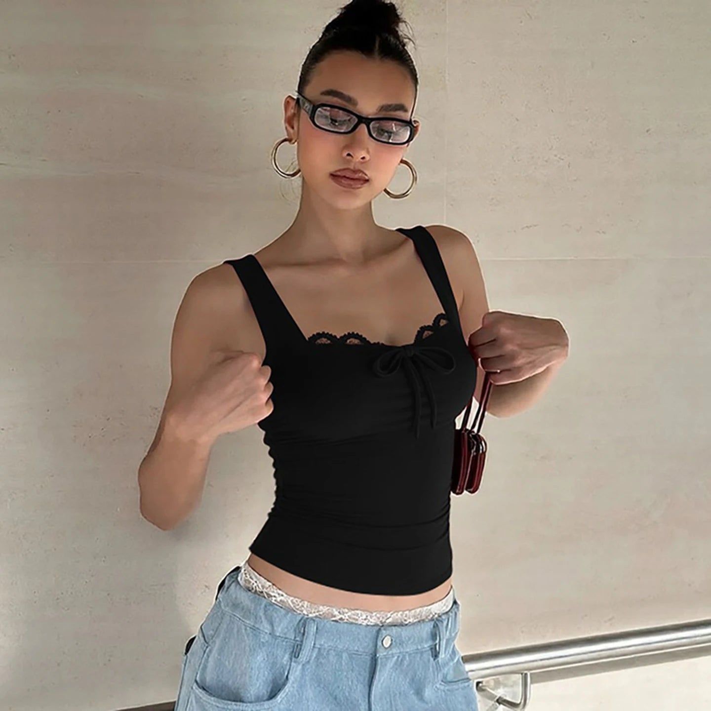 Cheap Women's Sleeveless Top Patchwork Square Neck Lace - Up Backless Cami Comfortable Fitted Casual Knitted - Zeprah