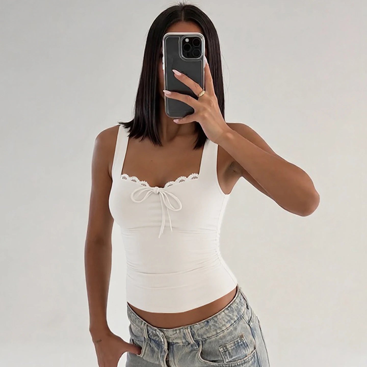 Cheap Women's Sleeveless Top Patchwork Square Neck Lace - Up Backless Cami Comfortable Fitted Casual Knitted - Zeprah