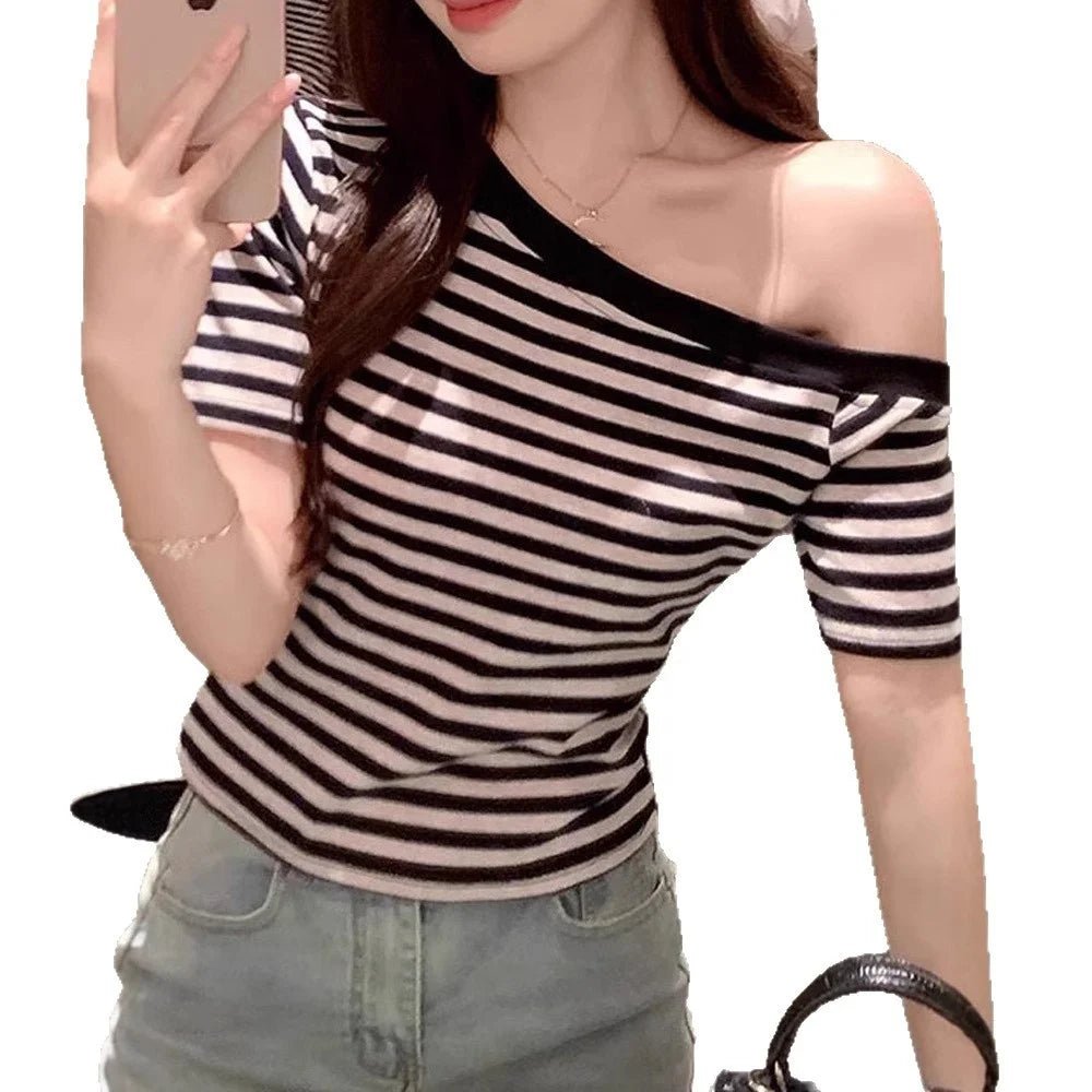Cheapest Pure Desire Style Spice Girls Striped Short - sleeved Women's T-shirt 2025 Summer New Slim - fit Fashionable Top for Women - Zeprah