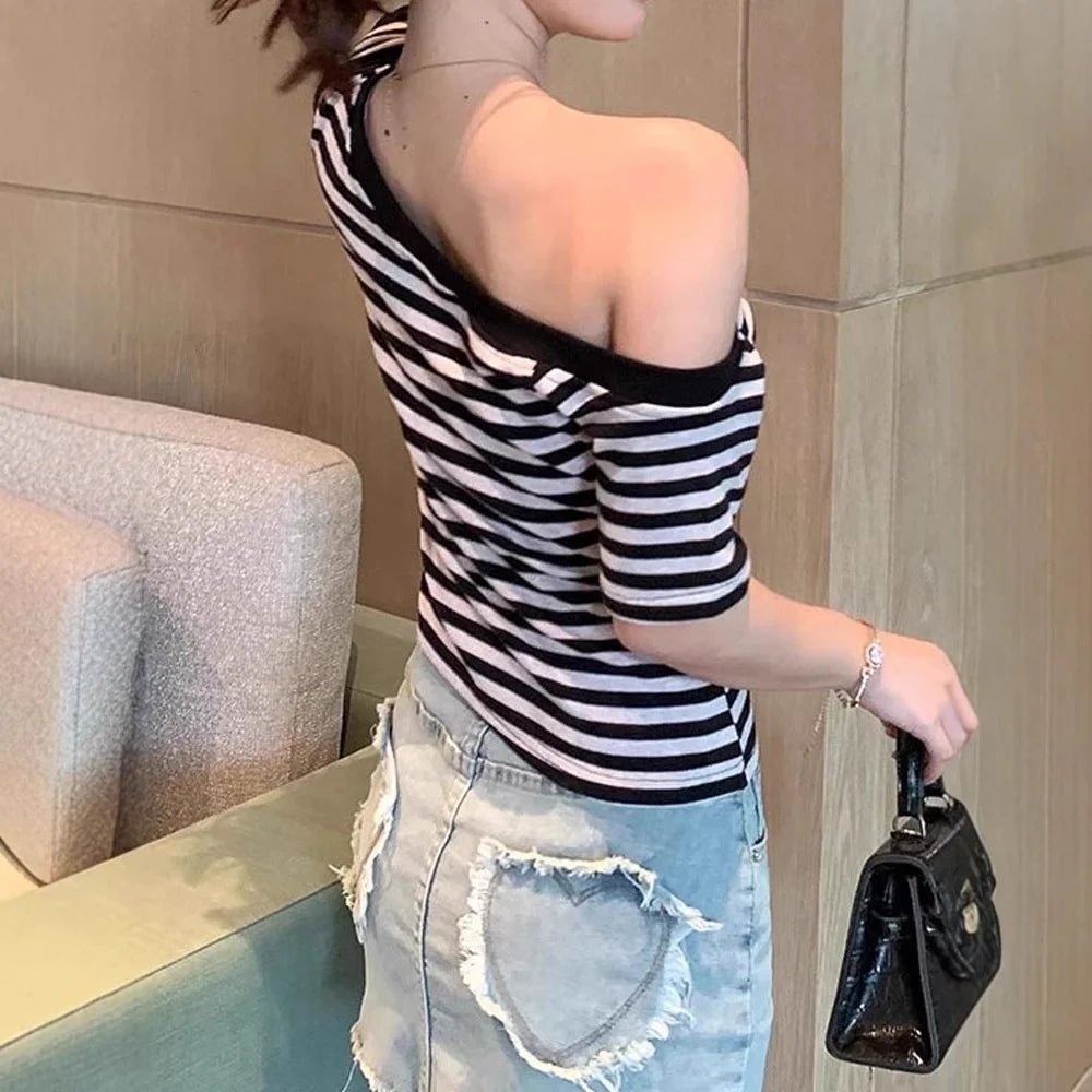 Cheapest Pure Desire Style Spice Girls Striped Short - sleeved Women's T-shirt 2025 Summer New Slim - fit Fashionable Top for Women - Zeprah