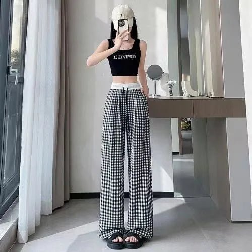 Checked Long Pants Casual Summer Trousers Wide - legged Pants - Zeprah