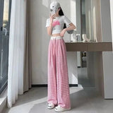 Checked Long Pants Casual Summer Trousers Wide - legged Pants - Zeprah