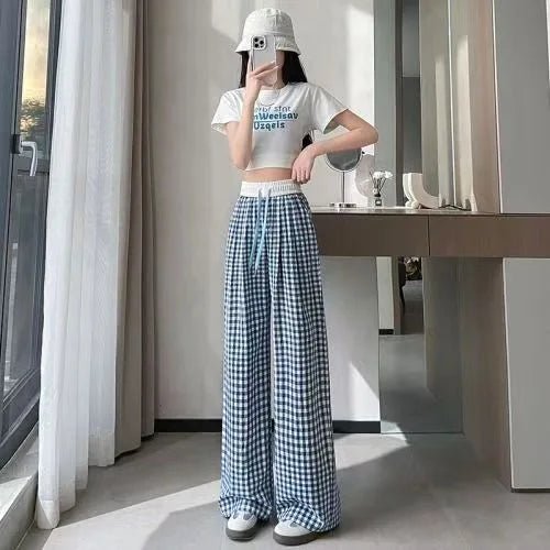 Checked Long Pants Casual Summer Trousers Wide - legged Pants - Zeprah