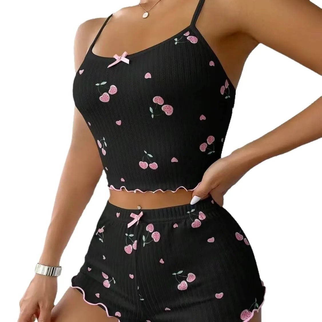 Cherry Print Satin Women's Pajama Set Casual Letter Style Camisole Shorts for Homewear - Zeprah