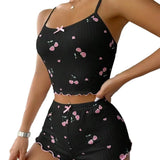 Cherry Print Satin Women's Pajama Set Casual Letter Style Camisole Shorts for Homewear - Zeprah