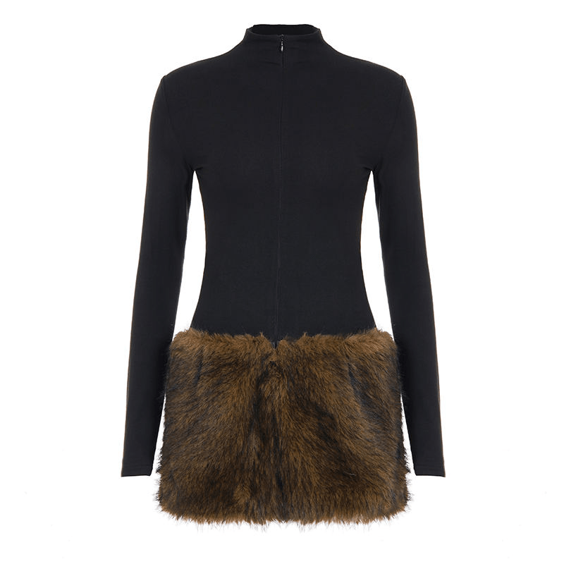 Chic Faux Fur Trim High - Neck Mini Dress - Zeprah
