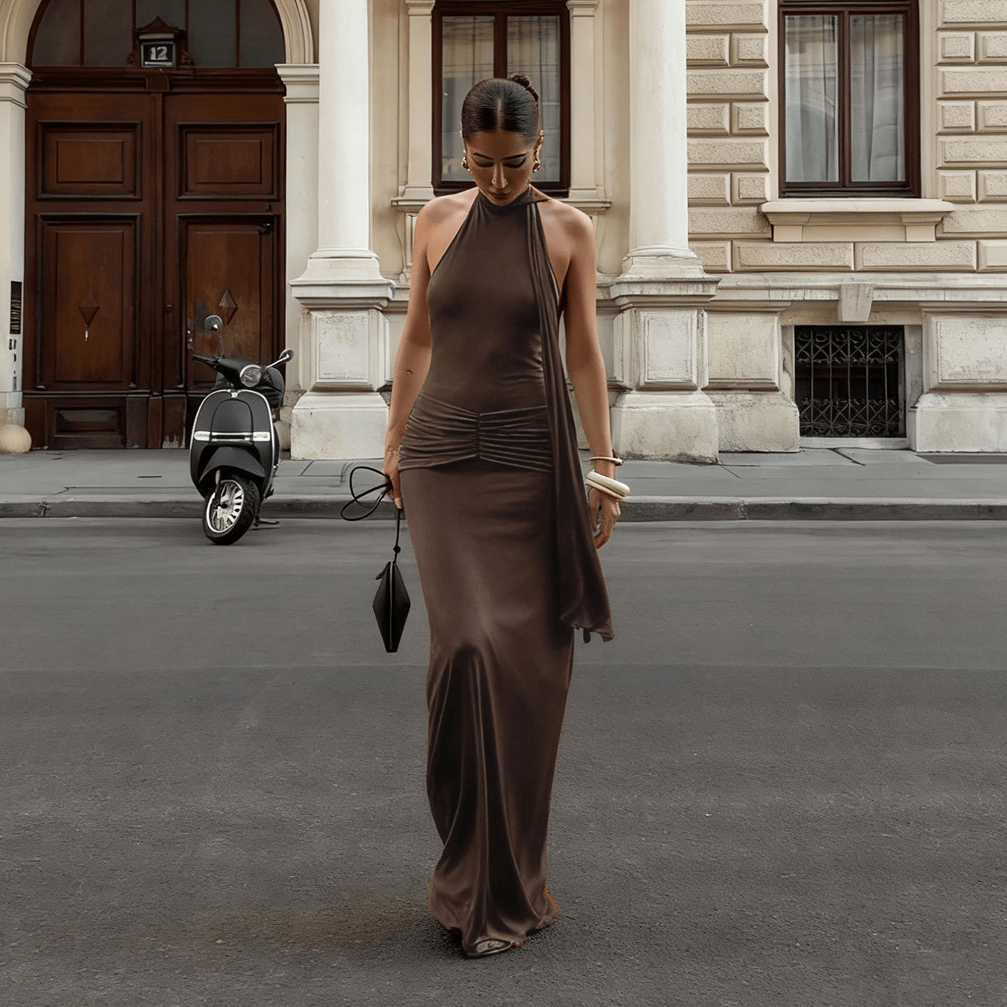 Chic Halter Neck Ruched Waist Maxi Dress - Zeprah