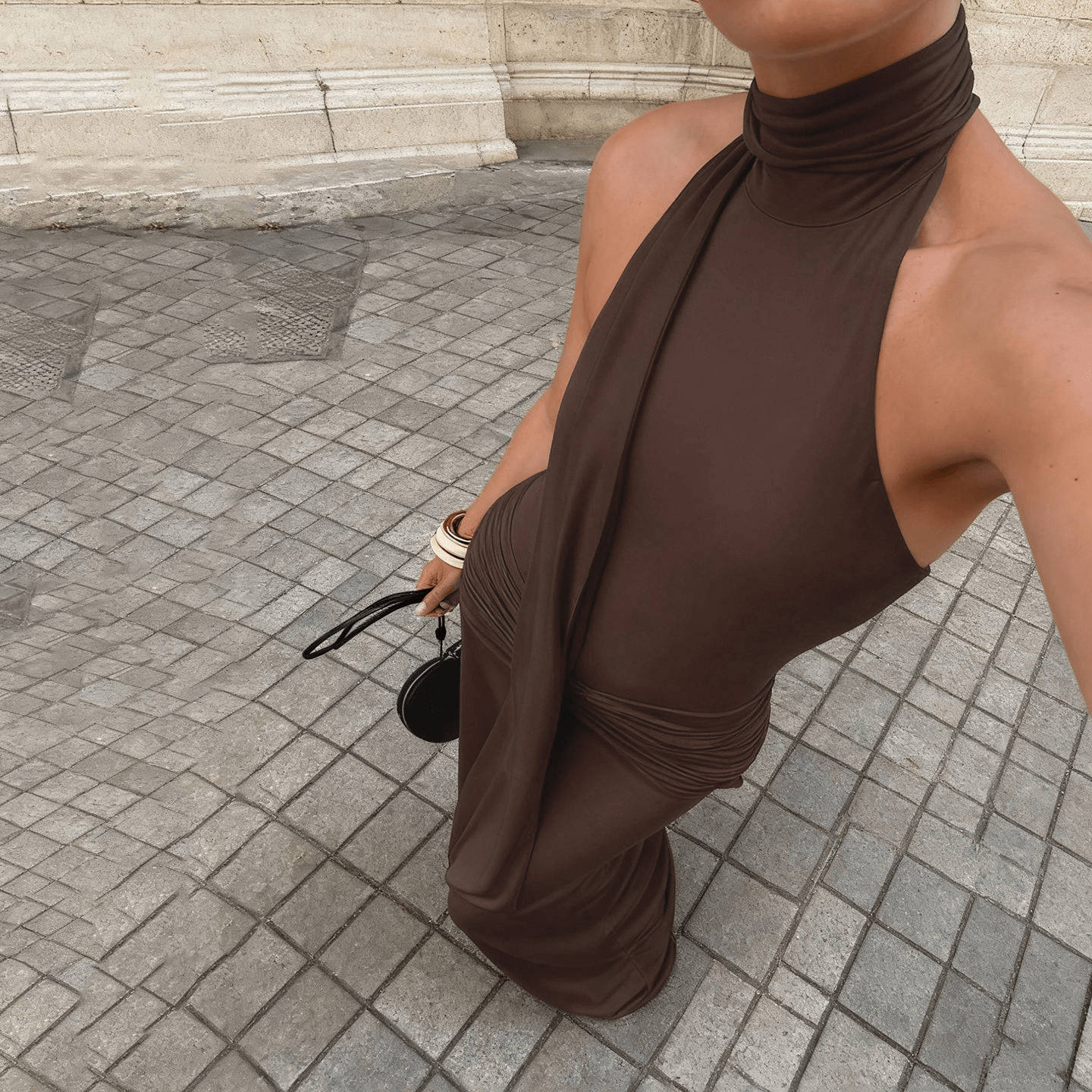 Chic Halter Neck Ruched Waist Maxi Dress - Zeprah