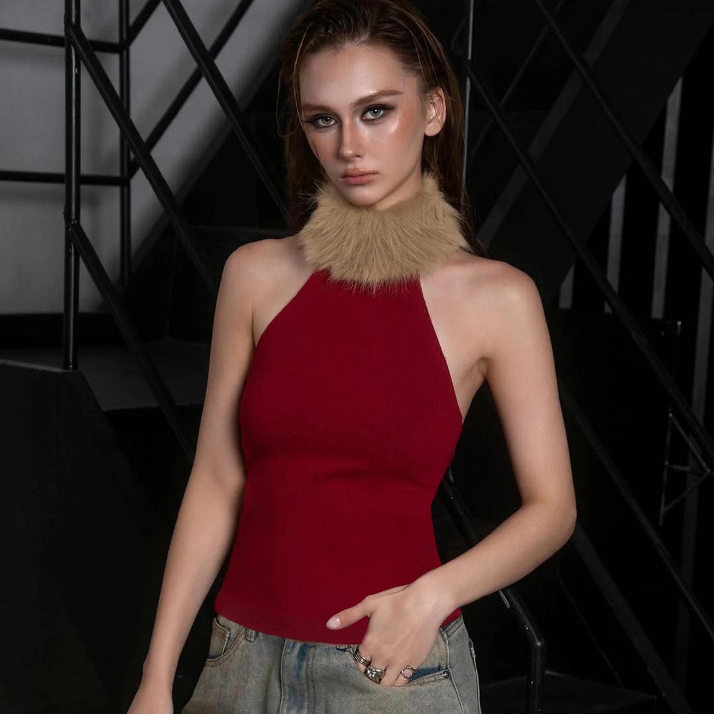 Chic Red Christmas Vest for Women | Elegant Knitted Faux Fur & Stretch Sleeveless Top with Turtleneck Collar | Holiday Gift Idea - Zeprah