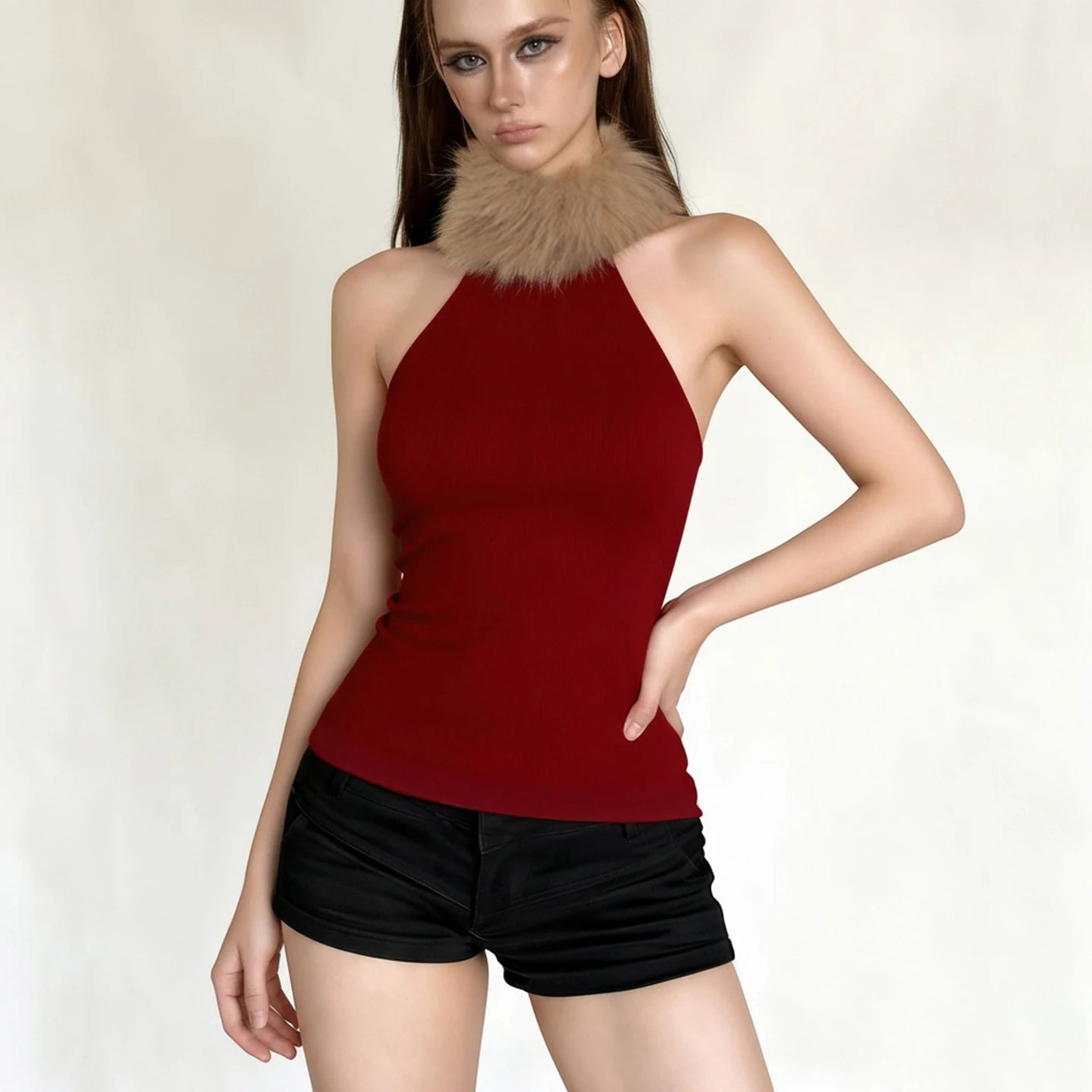 Chic Red Christmas Vest for Women | Elegant Knitted Faux Fur & Stretch Sleeveless Top with Turtleneck Collar | Holiday Gift Idea - Zeprah