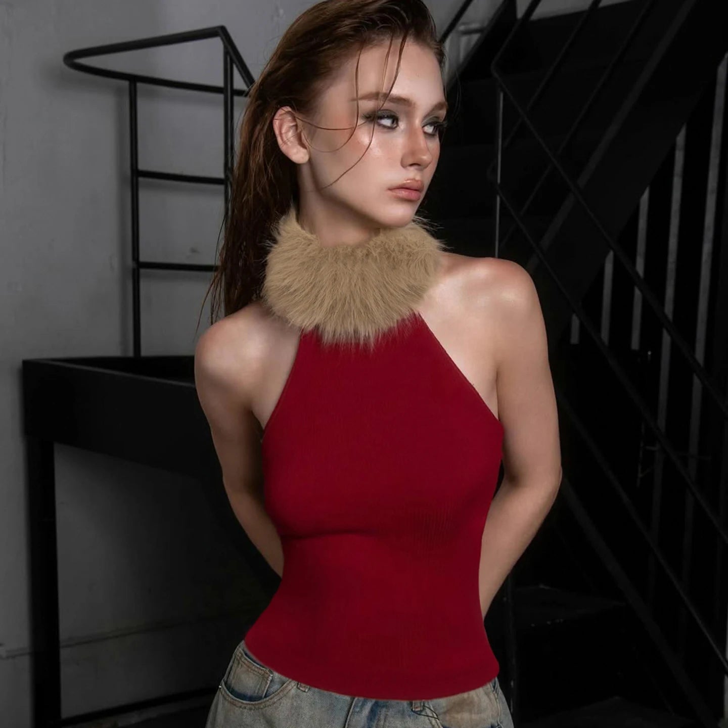 Chic Red Christmas Vest for Women | Elegant Knitted Faux Fur & Stretch Sleeveless Top with Turtleneck Collar | Holiday Gift Idea - Zeprah