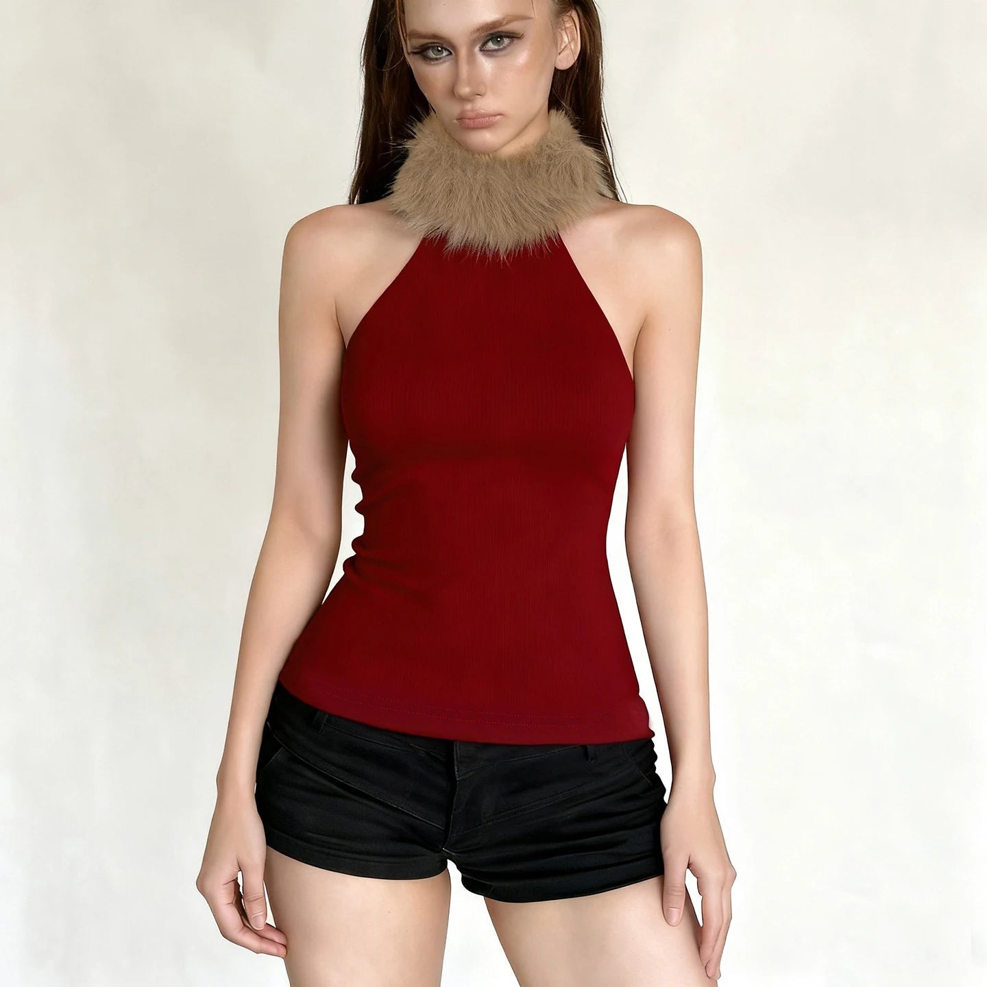 Chic Red Christmas Vest for Women | Elegant Knitted Faux Fur & Stretch Sleeveless Top with Turtleneck Collar | Holiday Gift Idea - Zeprah
