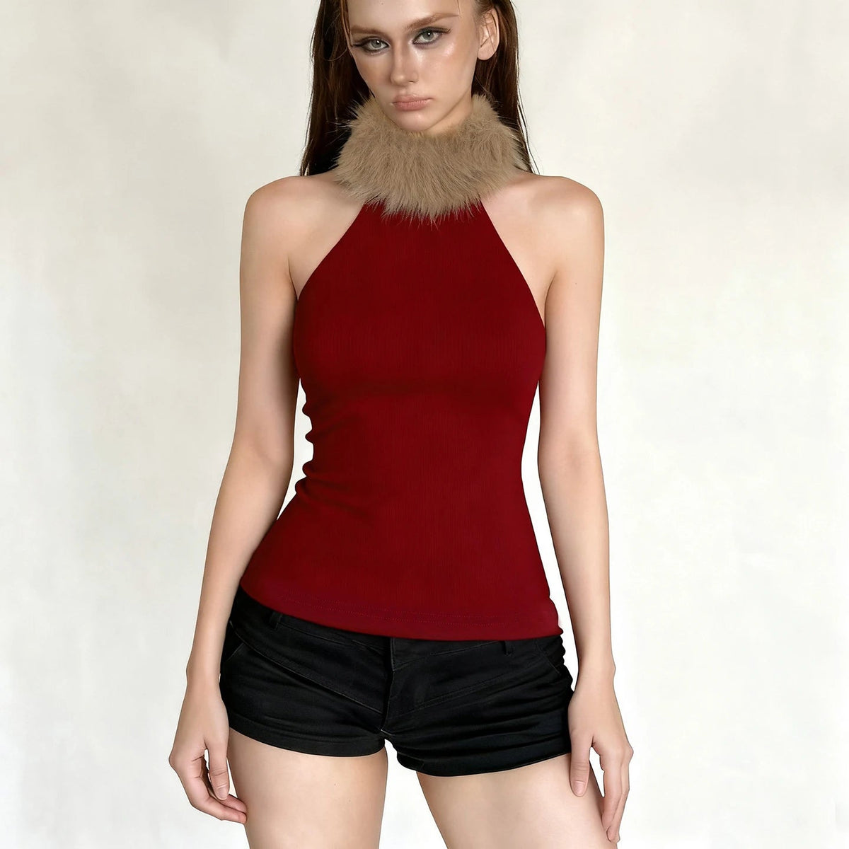Chic Red Christmas Vest for Women | Elegant Knitted Faux Fur & Stretch Sleeveless Top with Turtleneck Collar | Holiday Gift Idea - Zeprah
