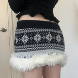 Christmas Eco - Friendly Printed Short Skirt Fair Isle Snowflake Knitted Dropped Waist Pencil Skirt Fuzzy Trim Decorative Pocket - Zeprah