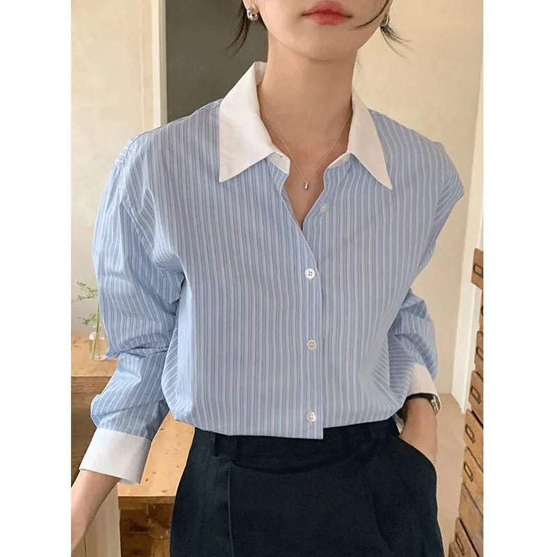 Classic Casual Shirt Contrasting Colors New Design Blouse Long Sleeve Striped Shirt - Zeprah