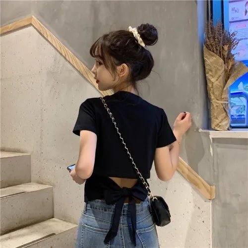 Classic Women's T-shirts Backless Short - sleeved Blouse Fashionable Crop Top - Zeprah