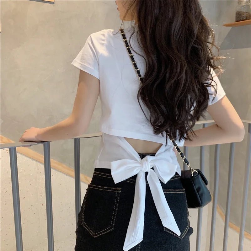 Classic Women's T-shirts Backless Short - sleeved Blouse Fashionable Crop Top - Zeprah